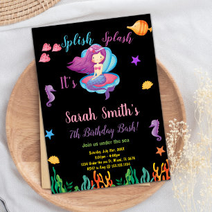 Zwart Paarse Shell Zeemeermin Verjaardagsuitnodigi Kaart