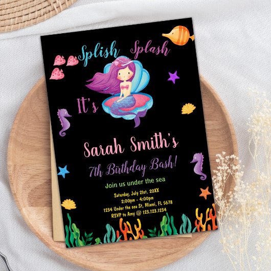 Zwart Paarse Shell Zeemeermin Verjaardagsuitnodigi Kaart