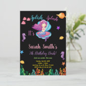 Zwart Paarse Shell Zeemeermin Verjaardagsuitnodigi Kaart (Staand voorkant)