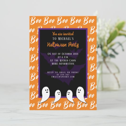 Zwart paarse sinaasappel boo Halloween spook Kaart (Staand voorkant)