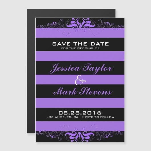 Zwart-Paarse strips & kant modern design 3 Magnetische Uitnodiging (Voorkant / Achterkant)