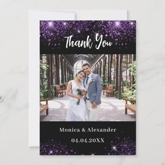 Zwart paarse trouwfoto dank u kaart (Voorkant)