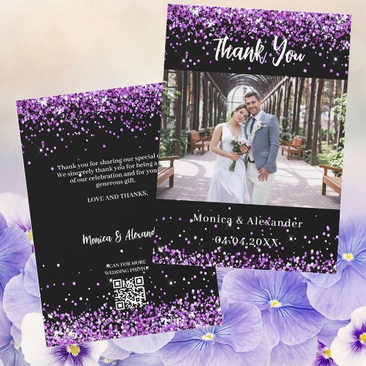 Zwart paarse trouwfoto QR dank u kaart