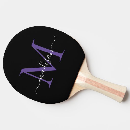 Zwart Paarse Violet Monogram Elegant Script Naam Tafeltennisbatje (Zijkant)