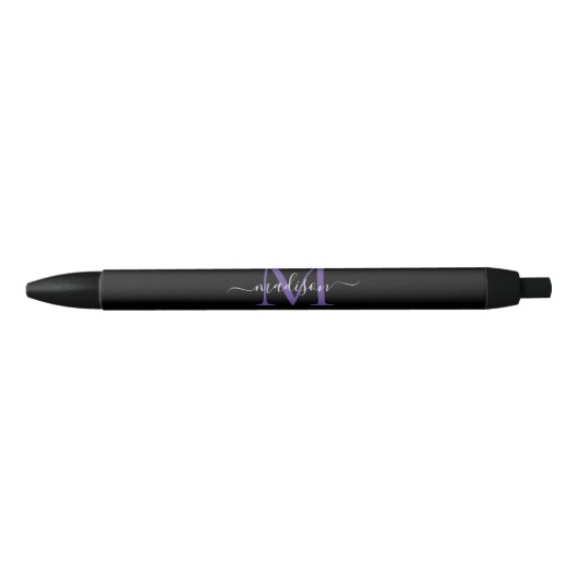 Zwart Paarse Violet Monogram Elegant Script Naam Zwarte Inkt Pen (Voorkant)