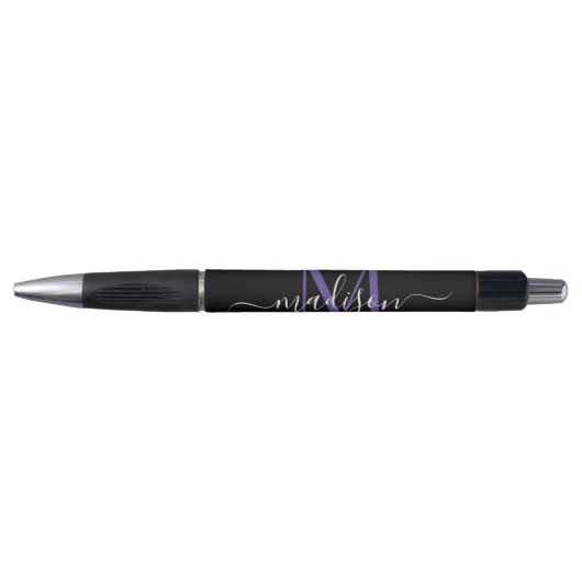 Zwart Paarse Violet Monogram Script Naam Stijlvol Pen (Voorkant)