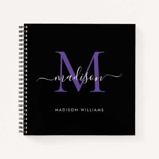 Zwart Paarse Violette Monogram Initiaal Script Naa Notitieboek (Voorkant)