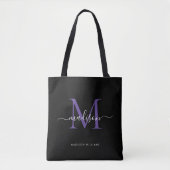 Zwart Paarse Violette Monogram Script Naam Initiaa Tote Bag (Voorkant)