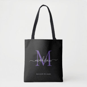 Zwart Paarse Violette Monogram Script Naam Initiaa Tote Bag