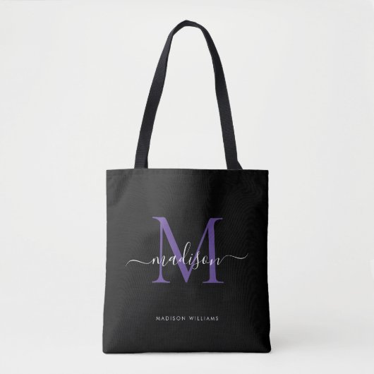 Zwart Paarse Violette Monogram Script Naam Initiaa Tote Bag (Voorkant)