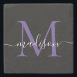 Zwart Paarse Violette Monogram Vrouwelijke Script  Stenen Onderzetter<br><div class="desc">Elegant Modern Zwart Paarse Violet Monogram Vrouwelijk Script Naam Stone Onderzetter</div>