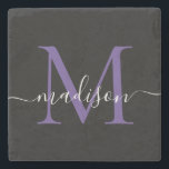Zwart Paarse Violette Monogram Vrouwelijke Script  Stenen Onderzetter<br><div class="desc">Elegant Modern Zwart Paarse Violet Monogram Vrouwelijk Script Naam Stone Onderzetter</div>