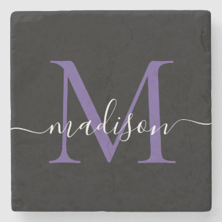 Zwart Paarse Violette Monogram Vrouwelijke Script  Stenen Onderzetter