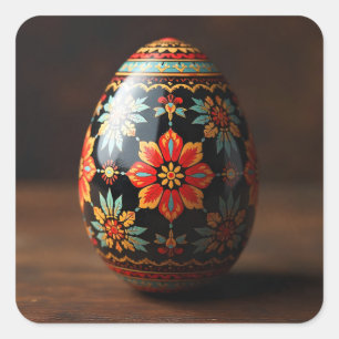 Zwart Paasei met Bloemmotieven Vierkante Sticker