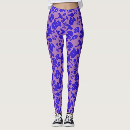 Zwart paddenstoelpatroon 01blauw Lpurple BG Leggings (Voorkant)