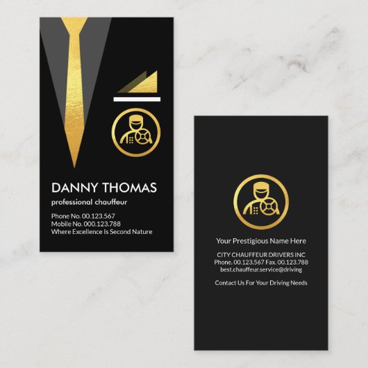 Zwart pak Goud Stropdas Driver Visitekaartje (Voorkant / Achterkant)