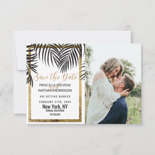 Zwart palmbos Goud Grens Modern Save The Date (Voorkant)