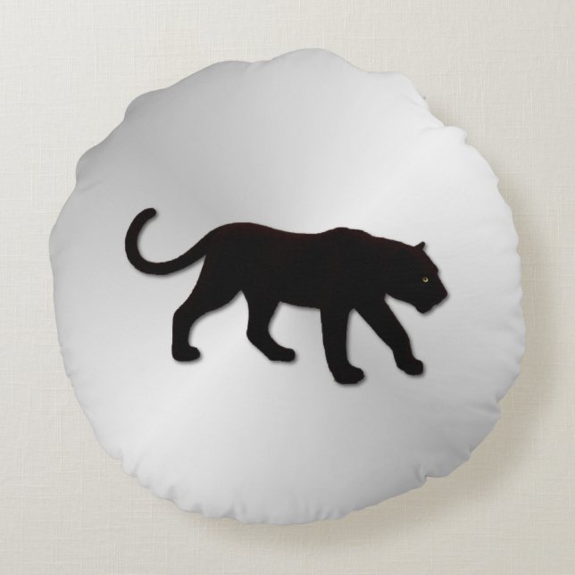 Zwart panter op zilver rond kussen (Achterkant)