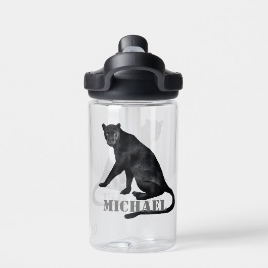 Zwart panterkat leopard gepersonaliseerd waterfles (Achterkant)