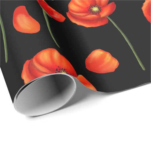 zwart papaverpatroon cadeaupapier (Rol Hoek)
