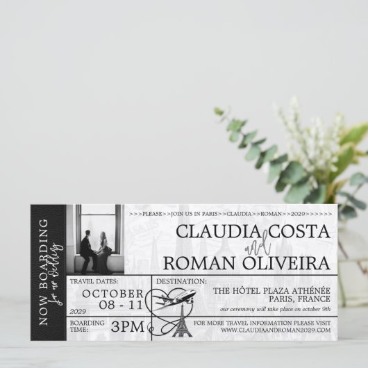 Zwart Parijs Bruiloft Boarding Pass (Staand voorkant)