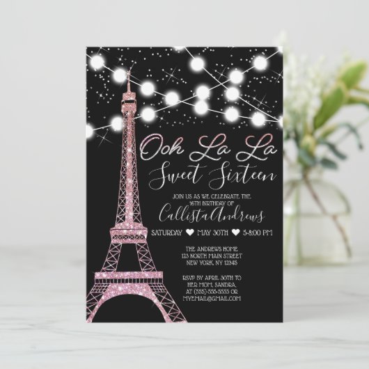 Zwart Parijs Eiffeltoren Glitter Lights Sweet 16 Kaart (Staand voorkant)