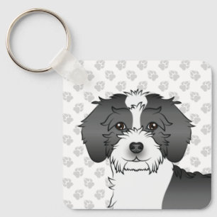 Zwart Parti-kleur Mini Goldendoodle Hond & Naam Sleutelhanger