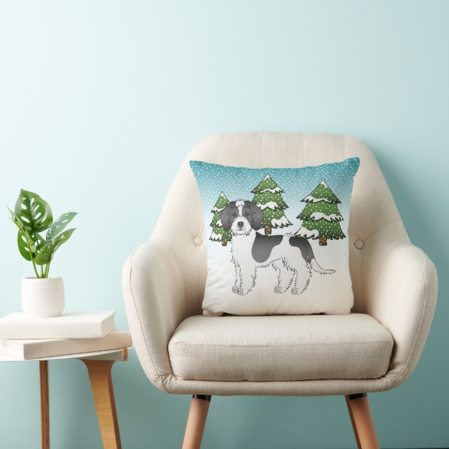 Zwart Parti-kleur Mini Goldendoodle Winterbos Kussen (Stoel)