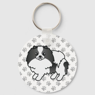 Zwart Parti-Kleur Pomeranian Cartoon Hond & Pootje Sleutelhanger