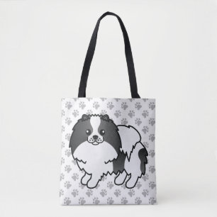Zwart Parti-Kleur Pomeranian Cartoon Hond & Pootje Tote Bag