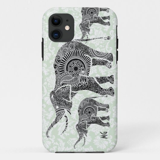 Zwart & pastel bloemolifant-monogram Case-Mate iPhone case (Achterkant)