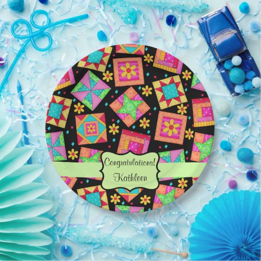 Zwart patchwork Quilt Block Name Gefeliciteerd Papieren Bordje (Feest)