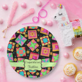 Zwart patchwork Quilt Block Name Gefeliciteerd Papieren Bordje (Feest)