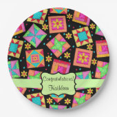 Zwart patchwork Quilt Block Name Gefeliciteerd Papieren Bordje (Voorkant)