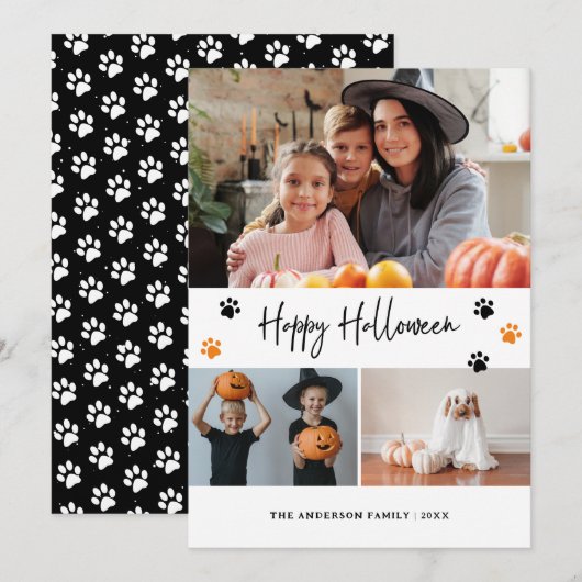 Zwart Paw Print Pet Photo Happy Halloween Kaart (Voorkant / Achterkant)