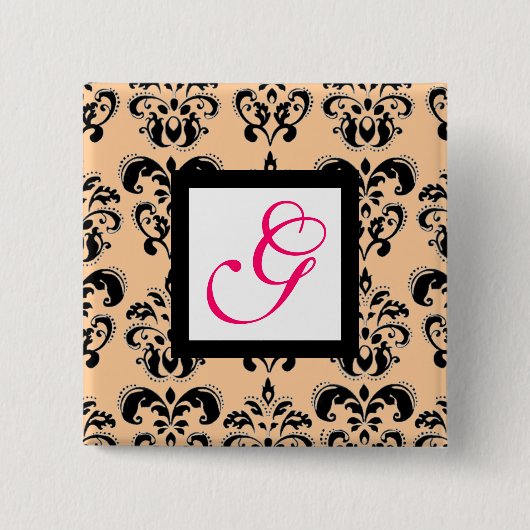 ZWART PEACH DAMASK SQUARE PINK FUCHSIA MONOGRAM VIERKANTE BUTTON 5,1 CM (Voorkant)