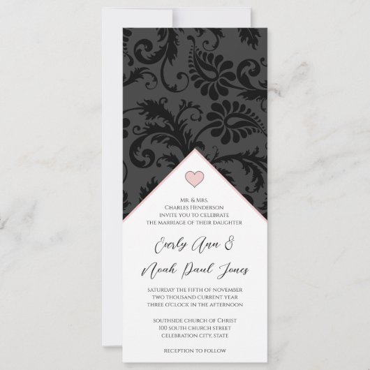 Zwart Peachy Roze Damast Swirls Bruiloft Uitnodigi Kaart (Voorkant)