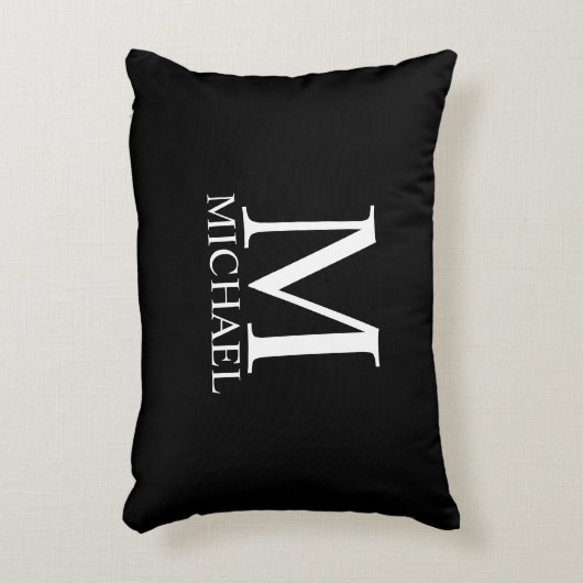 Zwart persoonlijk monogram en naam accent kussen (Voorkant(Verticaal))
