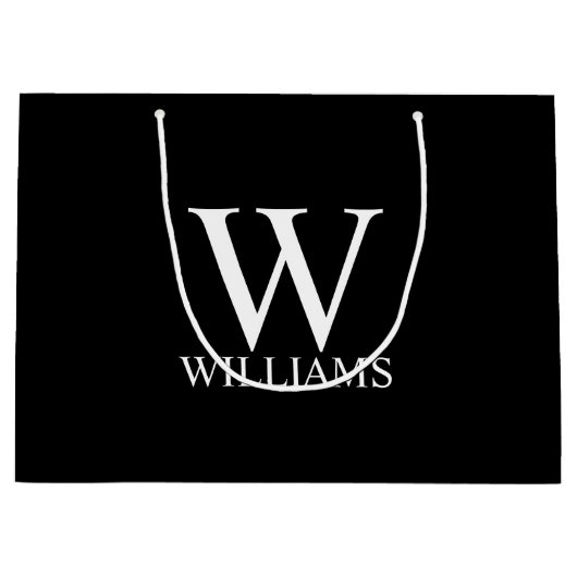 Zwart persoonlijk monogram en naam groot cadeauzakje (Voorkant)