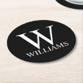 Zwart persoonlijk monogram en naam ronde kartonnen onderzetter (Gebogen)