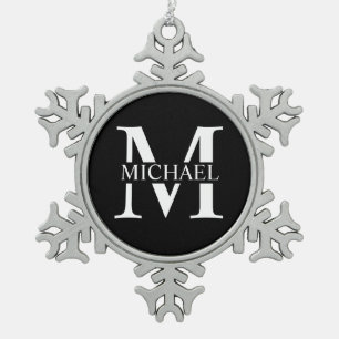 Zwart persoonlijk monogram en naam tin sneeuwvlok ornament