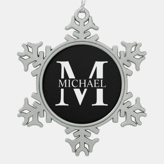 Zwart persoonlijk monogram en naam tin sneeuwvlok ornament (Voorkant)