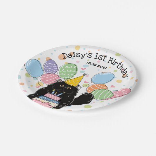 Zwart Perzisch Kat Verjaardagsfeestje Papier Borde Papieren Bordje (Gekanteld)