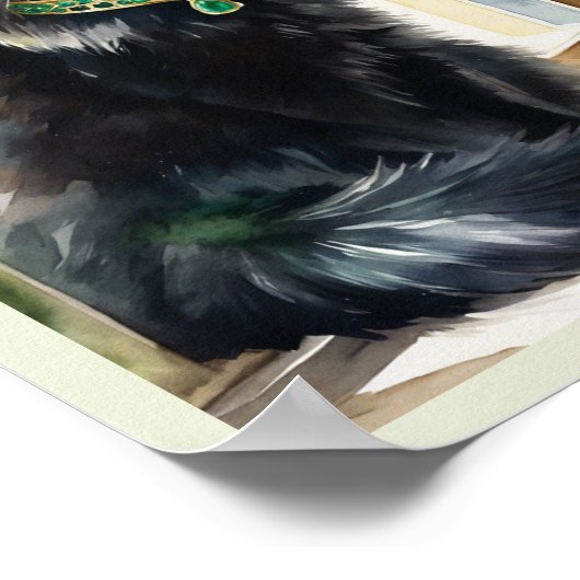 Zwart Perzisch Kat Waterverf Gouden Smaragd Kraag Poster (Hoek)