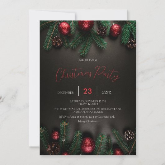 Zwart, Pine Tree Branch, Ornamenten Invitation Save The Date (Voorkant)