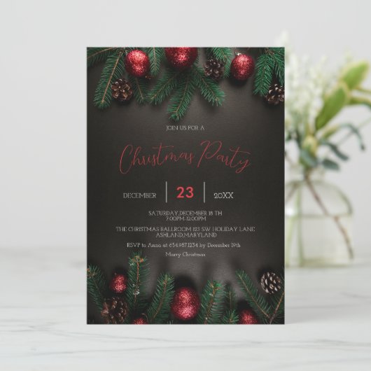 Zwart, Pine Tree Branch, Ornamenten Invitation Save The Date (Staand voorkant)