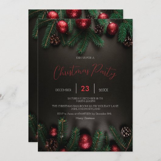 Zwart, Pine Tree Branch, Ornamenten Invitation Save The Date (Voorkant / Achterkant)