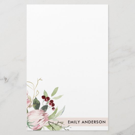 ZWART PINK BURGUNDY PROTEA FLORAL WATERVERF BRIEFPAPIER (Voorkant)