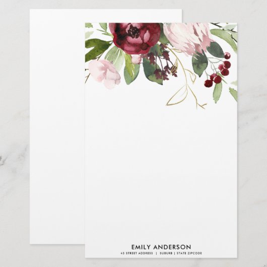 ZWART PINK BURGUNDY PROTEA FLORAL WATERVERF BRIEFPAPIER (Voorkant / Achterkant)
