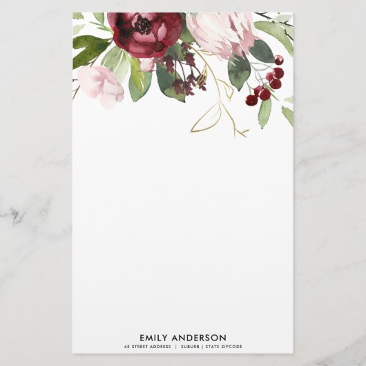 ZWART PINK BURGUNDY PROTEA FLORAL WATERVERF BRIEFPAPIER (Voorkant)
